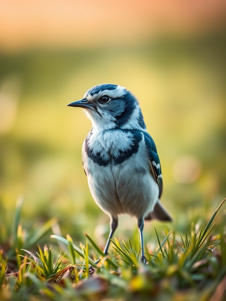 A close-up of a blue and white bird with a distinctive pattern, standing on the ground amidst grass, captured in soft natural light with a Canon EOS R5, 85mm lens, f/2.8 aperture, ISO 100, shallow depth of field for a blurred background.