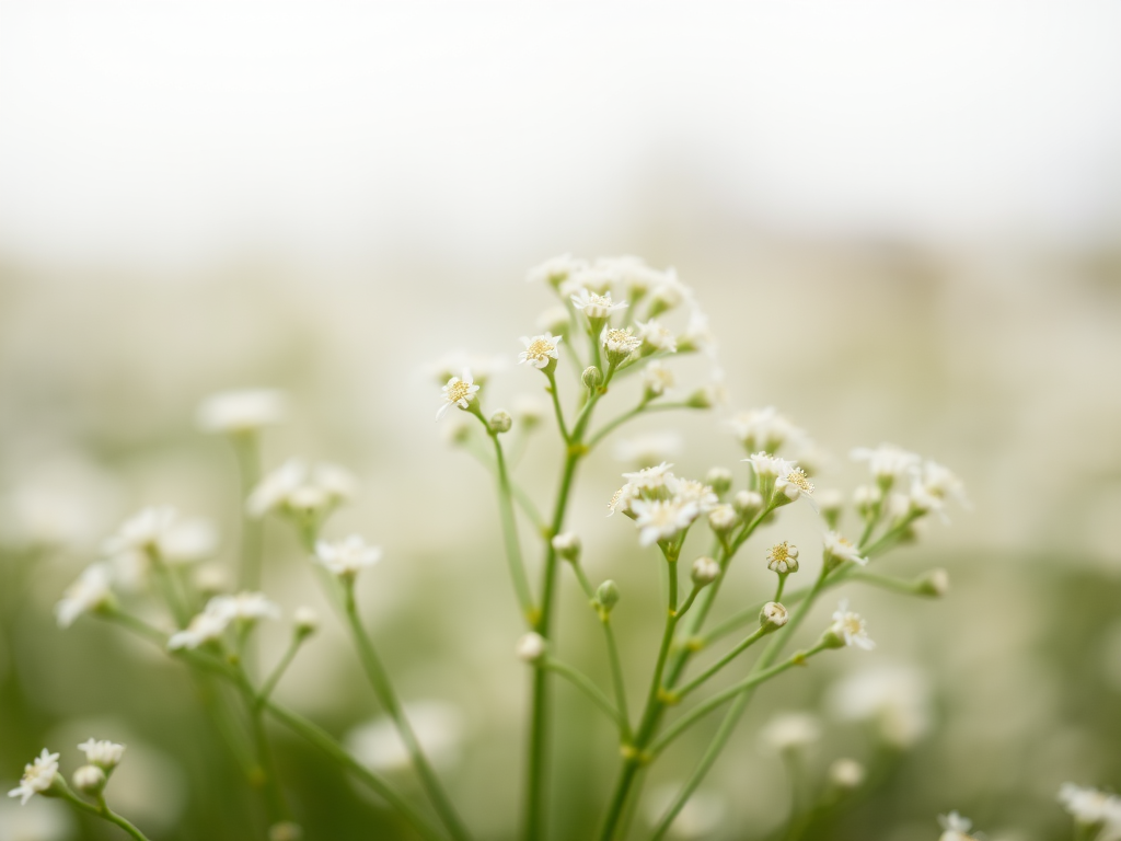 Close-up of delicate white flowers on green stems with a soft blurred background, taken with a Canon EOS 5D Mark IV, 50mm lens, aperture f/2.8, ISO 100, natural light, shallow depth of field.