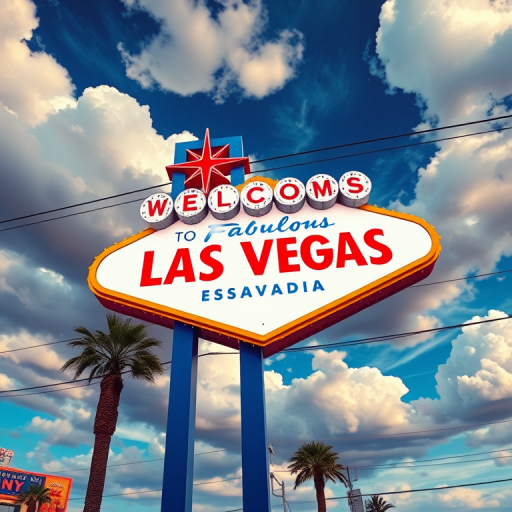 Create a vibrant digital illustration of the Las Vegas sign against a dynamic sky with fluffy clouds, using a wide-angle lens with an aperture of f/8, ISO 100, and a high-resolution digital camera for enhanced detail and clarity.