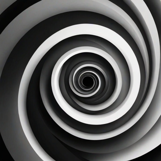 Create an abstract black and white illustration of a spiral shape with a smooth gradient transition.