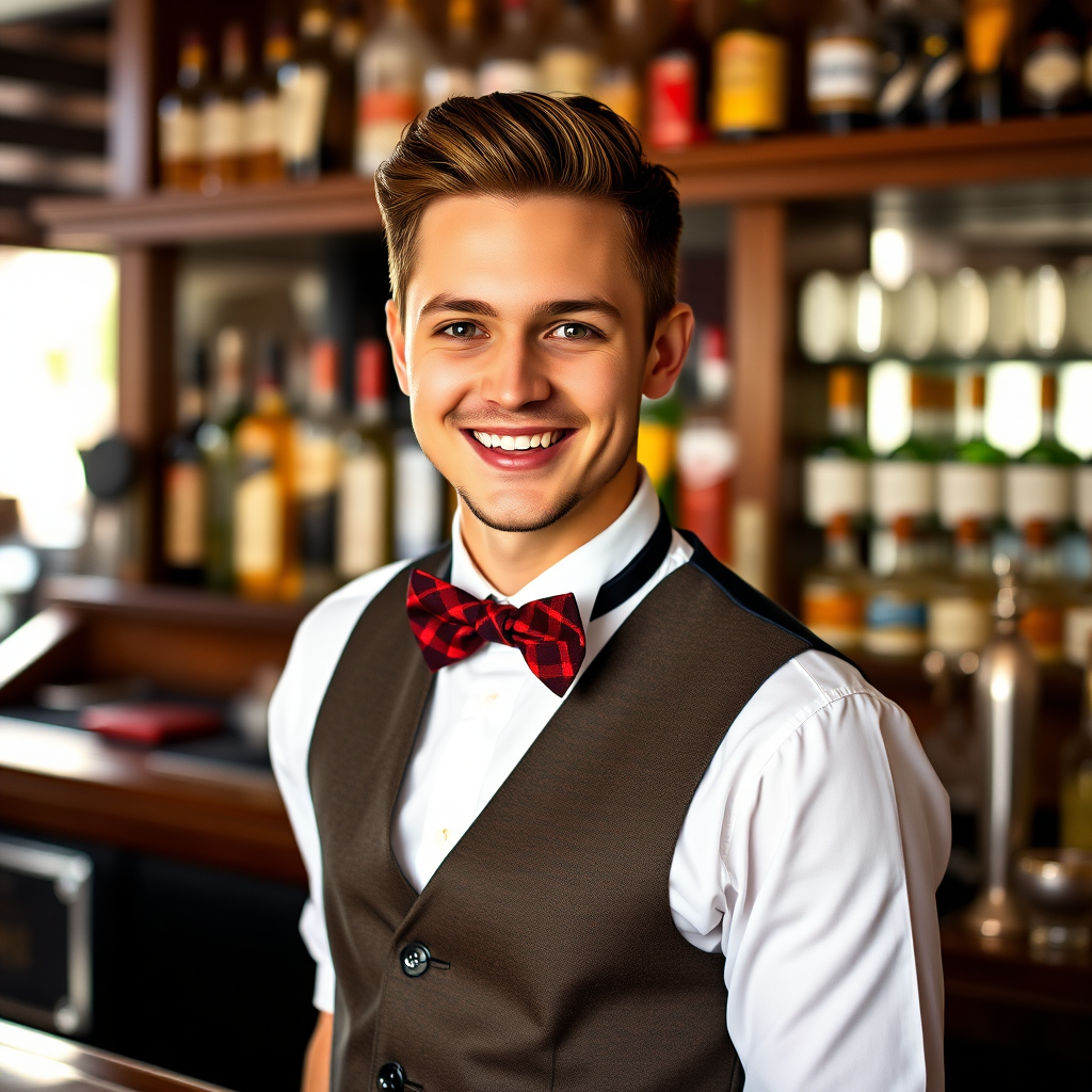 Create a portrait of a young male bartender in a stylish vest and bowtie, smiling at the camera with a well-stocked bar in the background, using a 50mm lens, aperture f/1.8 for shallow depth of field, ISO 200 for clarity, and natural lighting for warmth.