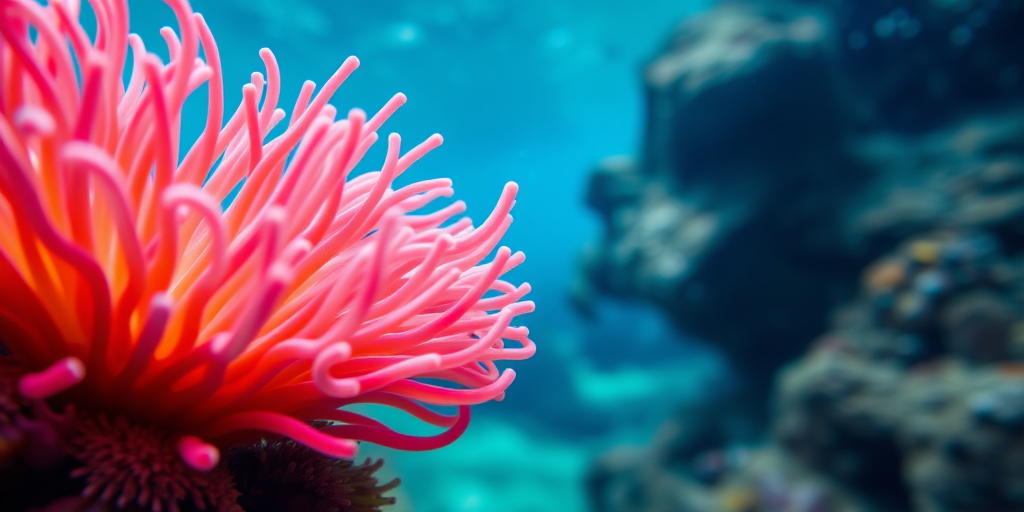 Regenerate a vibrant underwater scene featuring a large, colorful anemone with pink, orange, and blue tentacles in focus, captured with a Canon EOS R5, 50mm f/1.8 lens, ISO 200, f/2.8, shot at a shallow depth of field to enhance bokeh, natural lighting highlighting details of the anemone, with a clear blue water background.