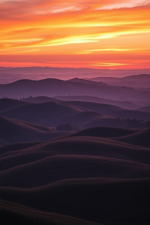 Create a high-resolution image featuring a tranquil landscape of rolling hills at sunset, with vibrant orange and purple skies. Use a Canon EOS R5 camera, 24mm lens, aperture f/8, ISO 100, shutter speed 1/125s, shot from a high vantage point to capture a wide view of the scenery, ensuring excellent depth of field and clarity.