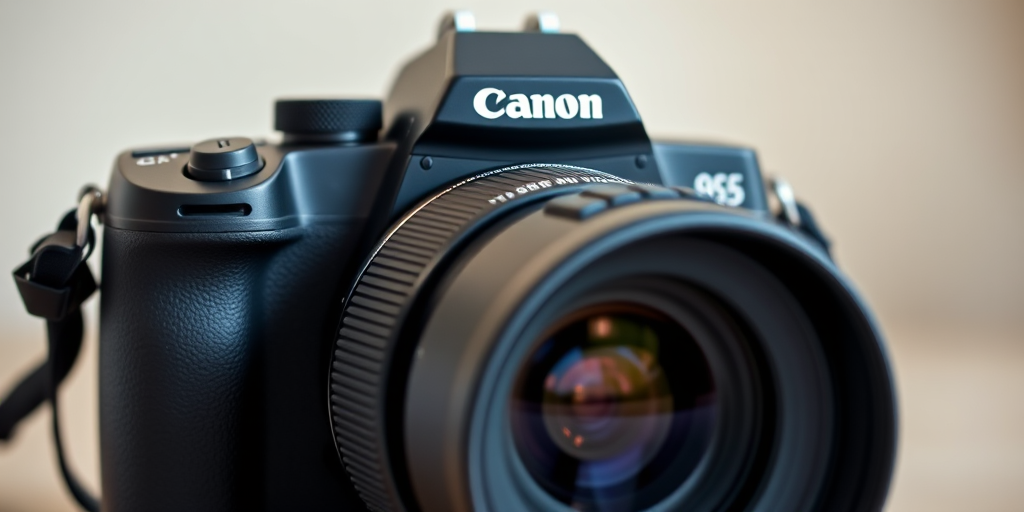 Create a high-resolution image of a black DSLR camera with a large lens, viewed from a slightly elevated angle, using a 50mm lens, f/1.8 aperture, ISO 100, and shutter speed of 1/200s for enhanced clarity and detail.
