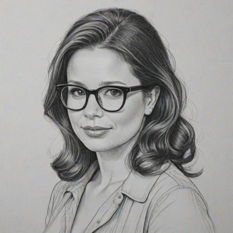Attractive Katie Lowes, pencil sketch, portrait of Magnificent woman 1961s in glasses, hair style beatnik, outline, clear lines, fine lines, 8k