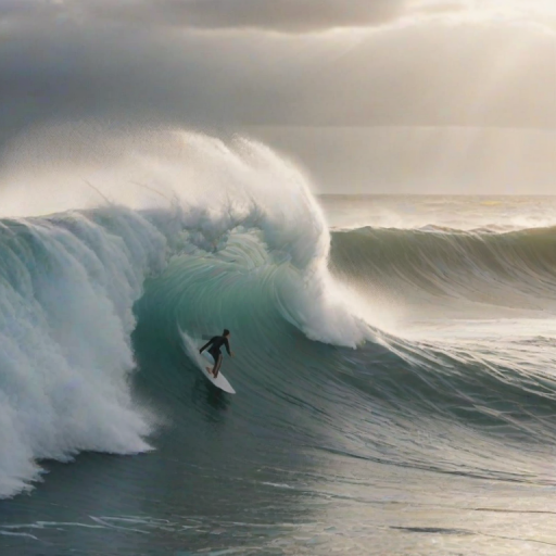 Blurry action shot of a surfer riding a massive wave, the ocean spray flying into the air, soft focus on the distant horizon, and the powerful energy of the sea.