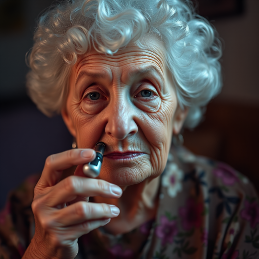 A close-up portrait of an elderly woman with curly white hair, wearing a floral dress and holding an electronic cigarette, softly illuminated with ambient lighting, captured with a Canon EOS R5, 50mm lens, f/1.8 aperture, ISO 200, 1/125s shutter speed, in natural light for a warm and intimate atmosphere.