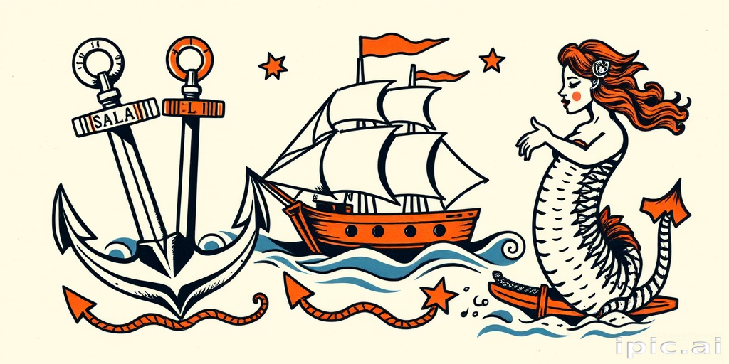 Traditional American tattoo style called "Sailor's Legacy" featuring bold outlines, limited color palette, and classic nautical imagery such as anchors, ships, and mermaids with a vintage aesthetic