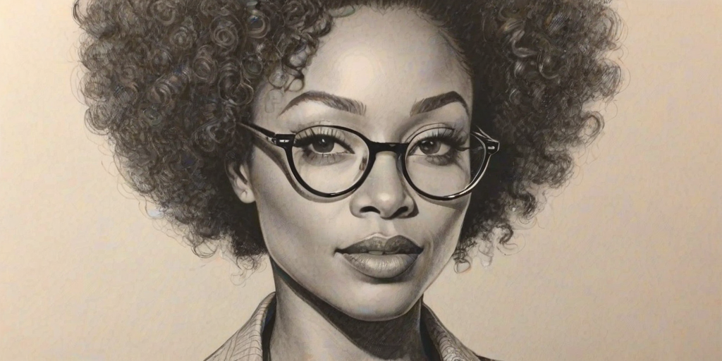 Beauteous YaYa DaCosta, pencil sketch, portrait of Lovely woman 1947s in glasses, hair style beatnik, outline, clear lines, fine lines, 8k