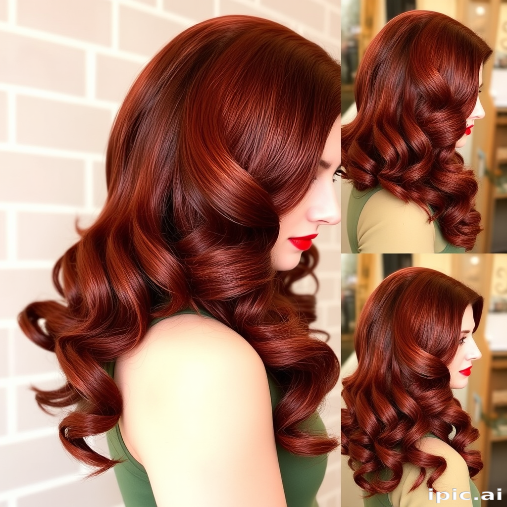 Mahogany red long layers styled in vintage pin-up curls, dubbed "Retro Glamour" look, incorporating a deep side part and glossy finger waves