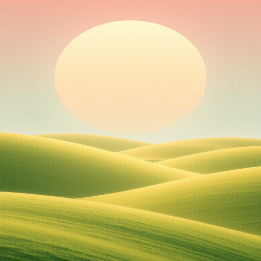 Create an abstract landscape image featuring soft green hills and a large round sun in a pastel color palette, shot with a DSLR camera at f/5.6 aperture, ISO 100, 50mm lens, using a shallow depth of field to enhance textures, in natural light.