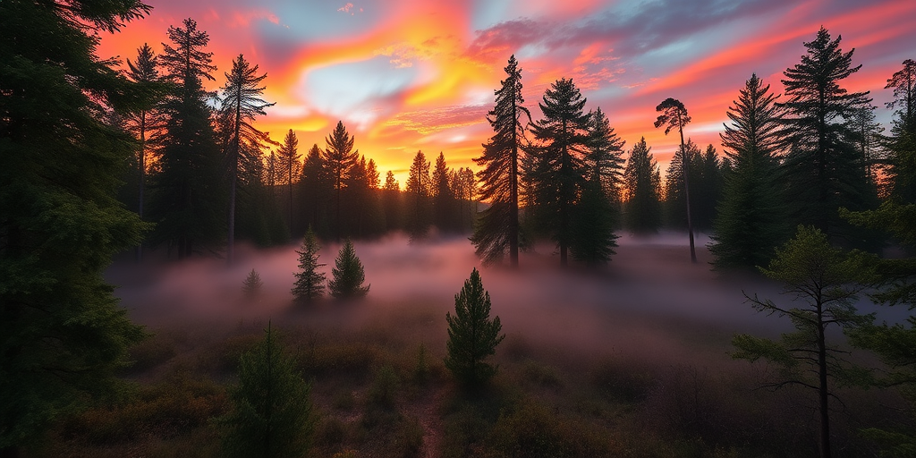 A high-resolution image of a serene forest landscape during sunrise, capturing vivid colors in the sky and soft mist rising from the ground, shot with a Canon EOS 5D Mark IV at f/8, 1/125s, ISO 100, using a wide-angle lens, with a focus on depth and clarity.