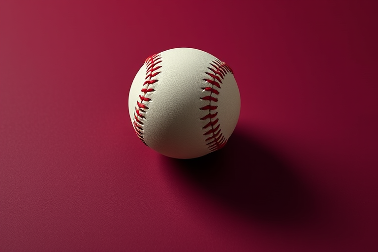 Create a high-resolution image of a baseball floating above a dark green shadow on a solid burgundy background, using a DSLR camera with an aperture of f/2.8, a shutter speed of 1/250s, and ISO 100, captured from a 45-degree angle to enhance depth and detail.