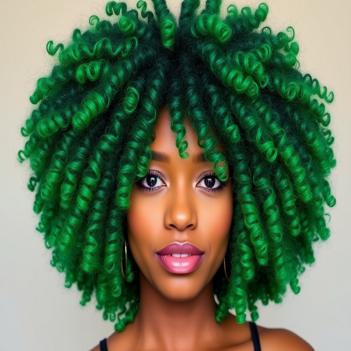 Bold emerald green hair color in a voluminous curly afro, Verdant Crown style, celebrating natural texture with defined coils and a vibrant jewel-toned hue