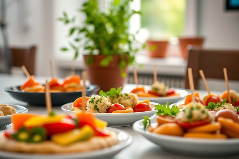 capture a close-up of a table set with colorful appetizers, a potted green herb in the background, with a shallow depth of field to blur the background, using a Canon EOS R5 with a 50mm f/1.2 lens, aperture set to f/2.8, ISO 200, and a soft natural light from a nearby window for enhanced image quality