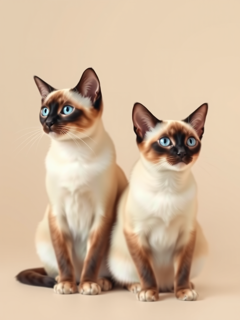 Create a highly detailed illustration of two Siamese cats sitting side by side against a soft beige background, captured in a high-resolution digital format with a 50mm lens, f/2.8 aperture, 1/250s shutter speed, with a shallow depth of field to enhance the focus on the cats while softly blurring the background, adopting a realistic yet artistic style.