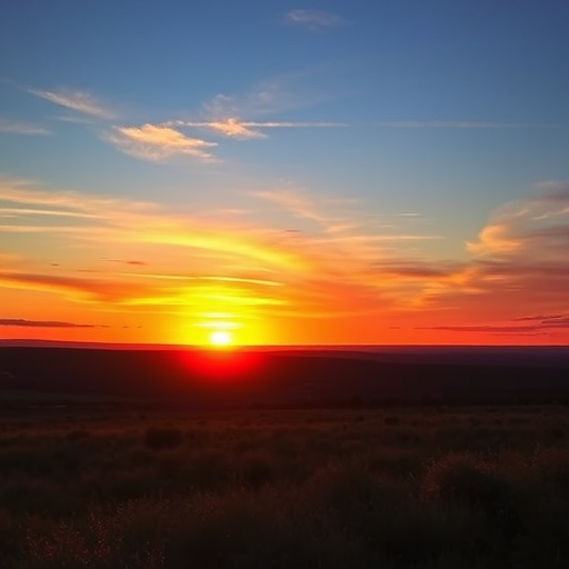 Create a vibrant sunset landscape with a wide-angle view, using a DSLR camera set to ISO 100, f/8 aperture, 1/200s shutter speed, and a polarizing filter for enhanced colors and contrast.