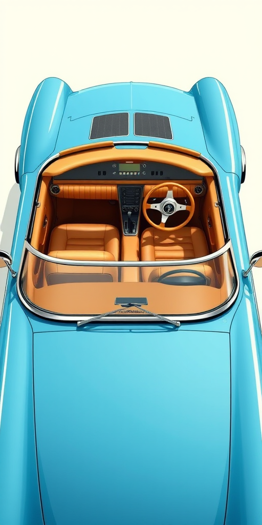 Create a high-resolution illustration of a classic convertible car in blue color with tan interior, using a DSLR camera set to aperture f/8, shutter speed 1/200 sec, ISO 100, with a frontal view and a light, soft-focus background for enhanced detail.