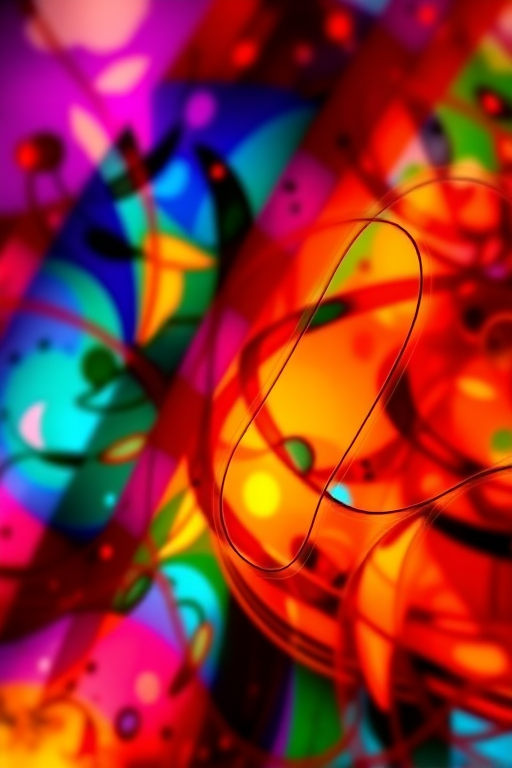 Generate a high-resolution image of a dynamic and colorful abstract pattern using a DSLR camera with a 50mm lens, f/1.8 aperture, ISO 100, and a shallow depth of field, shot from a close-up perspective to enhance texture and vibrancy.