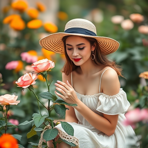 Soft-focus image of a woman sitting in a flower-filled garden, wearing a wide-brimmed hat and a sundress, gently caressing the petals of a blooming rose.
