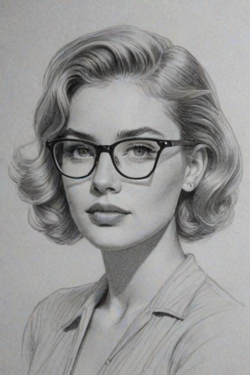 Attractive Virginia Gardner, pencil sketch, portrait of Charming woman 1943s in glasses, hair style beatnik, outline, clear lines, fine lines, 8k