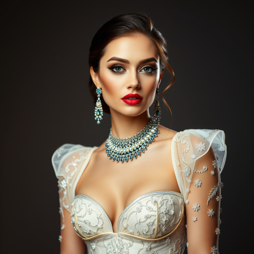 Studio portrait, female model, elegant couture dress, bold makeup, dramatic lighting, Shoot over the shoulder using a telephoto lens to focus on small details like jewelry, makeup, or fabric textures