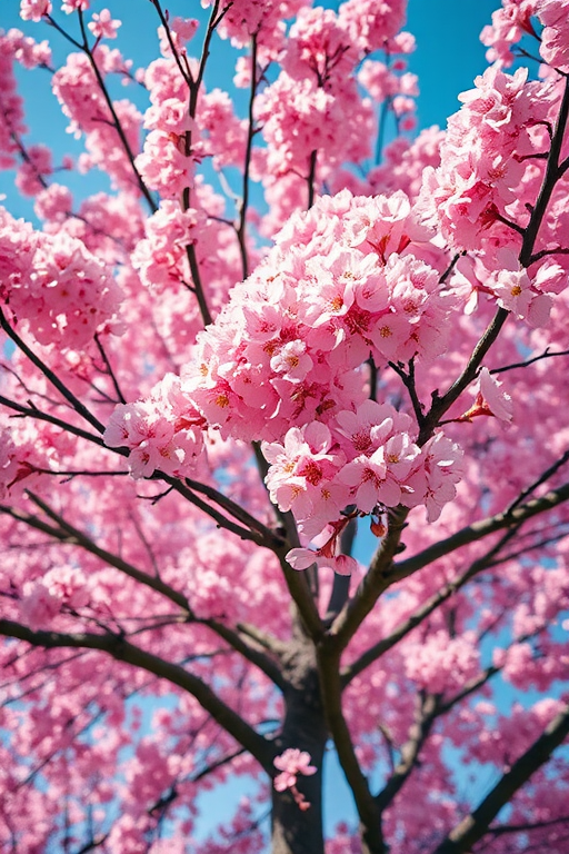 Create a vibrant, high-resolution image of a blooming cherry blossom tree in full pink blossom, captured with a Canon EOS R5, 50mm lens, f/1.8 aperture, ISO 100, under soft natural lighting, from a low angle perspective to emphasize the tree's height and beauty.