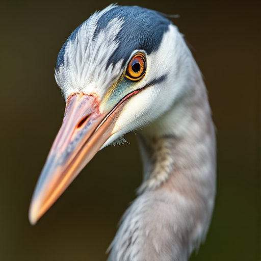 Close-up portrait of a heron with intricate feather details and striking eye, shot with a Canon EOS 5D Mark IV, 100mm f/2.8 macro lens, aperture f/5.6, ISO 200, soft natural light, shallow depth of field for a blurred background.