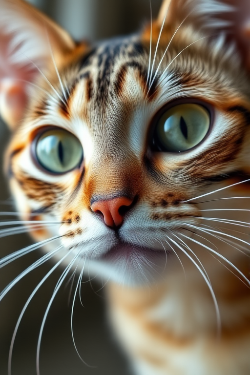 close-up portrait of a domestic cat with striking green eyes and prominent whiskers, natural light, aperture f/2.8, shutter speed 1/160s, ISO 100, macro lens, shallow depth of field, focus on the eyes, soft blurred background.