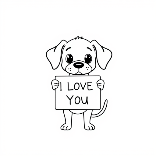A minimalist cartoon of a PUPPY standing on a blank white background, holding a sign that simply says, 'I LOVE YOU.' The puppy is drawn with just a few lines: big eyes, whiskers, floppy ears, and a straight tail, giving it a comically desperate expression.