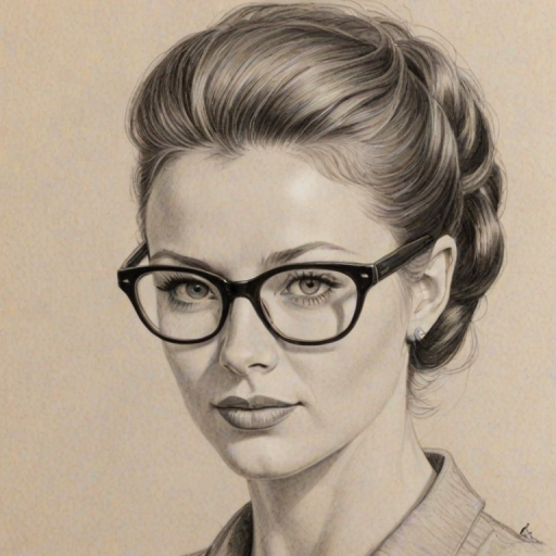 Enchanting Rachel Nichols, pencil sketch, portrait of Appealing woman 1957s in glasses, hair style beatnik, outline, clear lines, fine lines, 8k