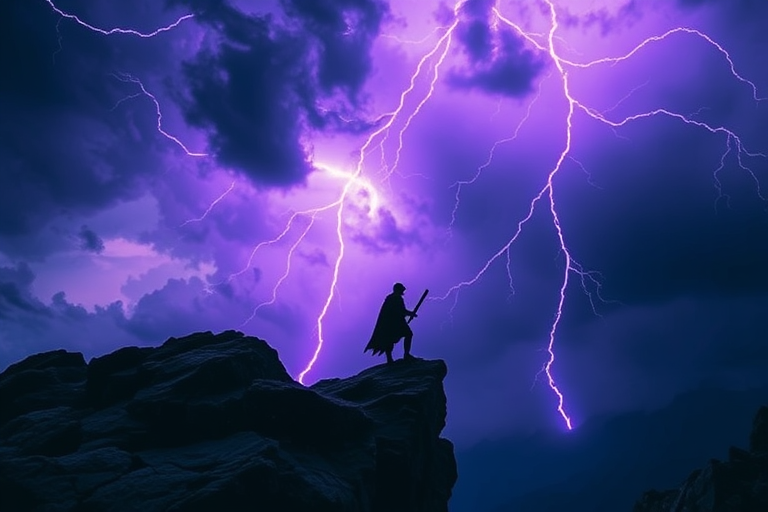 A dark fantasy scene featuring a lone warrior with a sword standing on a rocky cliff, illuminated by purple lightning against a stormy sky, captured with a DSLR camera at f/2.8, ISO 100, 1/200 sec, wide-angle lens for dramatic perspective, low angle view for emphasis on the warrior.