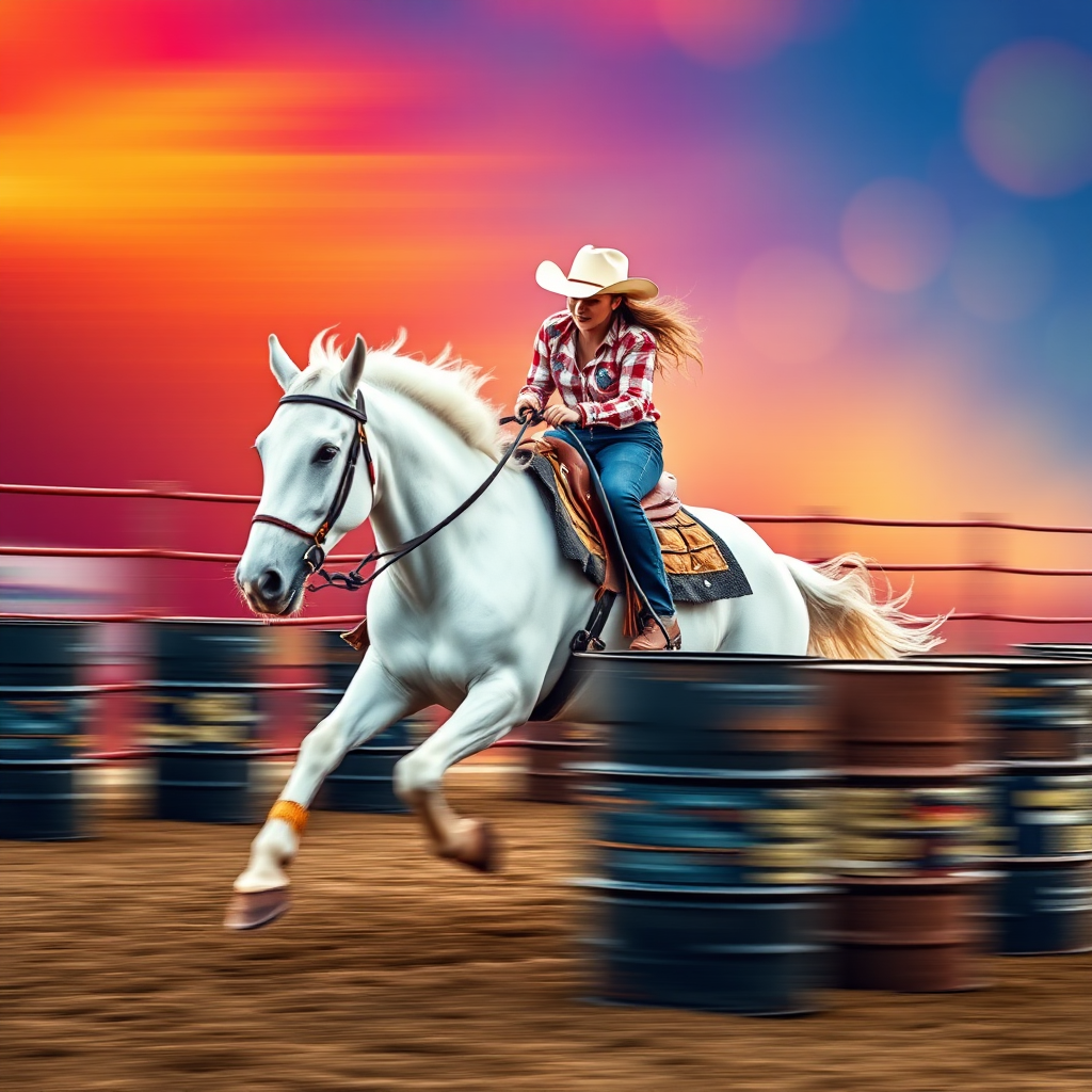 Generate an action-packed image of a cowgirl riding a white horse at high speed around barrels, with a vibrant, colorful background, with a Canon EOS 5D Mark IV, 50mm lens, aperture f/2.8, ISO 200, shutter speed 1/1000s, portrait orientation, enhance colors and details.