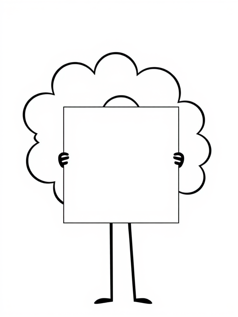 Create an illustration of a minimalist stick figure holding a blank rectangular sign in a thought bubble style, with a smooth vector graphic aesthetic, shot using a Canon EOS R with a 50mm lens at f/2.8, ISO 100, in bright natural light, with a clean white background for enhanced clarity.