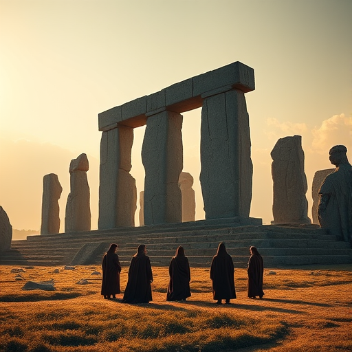 Generate an image of ancient stone monoliths in a mystical landscape with robed figures gathered, soft diffused lighting, golden hour effect, wide-angle view, DSLR camera, aperture f/8, ISO 100, 24mm lens.