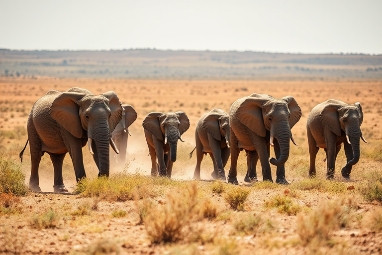 Capture a group of elephants walking through a vast dry landscape during midday with a shallow depth of field, using a Canon EOS 5D Mark IV, 70-200mm lens, at f/4, ISO 200, 1/500 sec, shot from eye level to enhance the image quality.