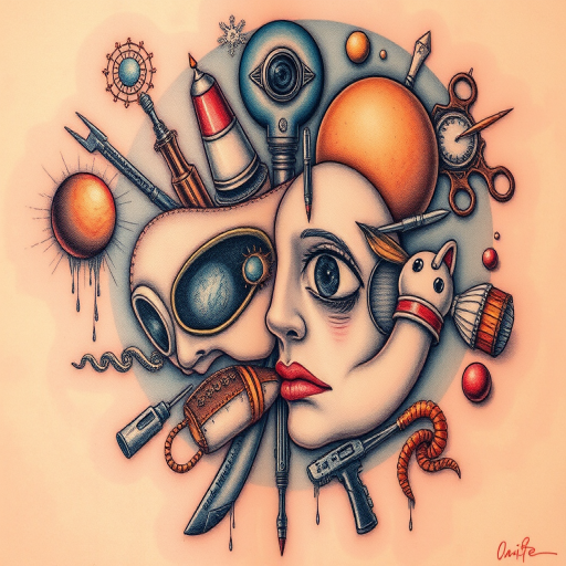 Surrealist tattoo called "Dreamscape Amalgamation" depicting bizarre and thought-provoking imagery with objects morphing into one another defying logic and reality in a harmonious yet perplexing composition