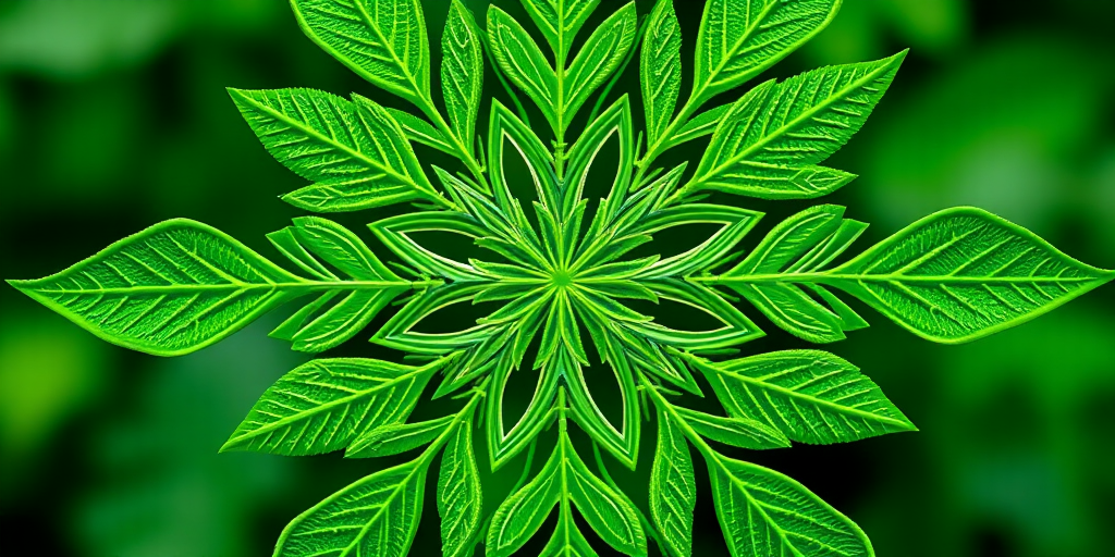 Create a vibrant green snowflake design with intricate leaf patterns, using a DSLR camera with a 50mm lens, aperture f/2.8, ISO 100, and a soft-focus background.