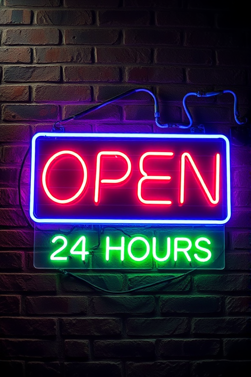 A vibrant neon sign displaying "Open 24 Hours" against a textured brick wall, captured with a Canon EOS R5, 50mm lens, f/1.8 aperture, ISO 100, 1/200s shutter speed, using a high-contrast night mode for enhanced clarity and vibrancy.