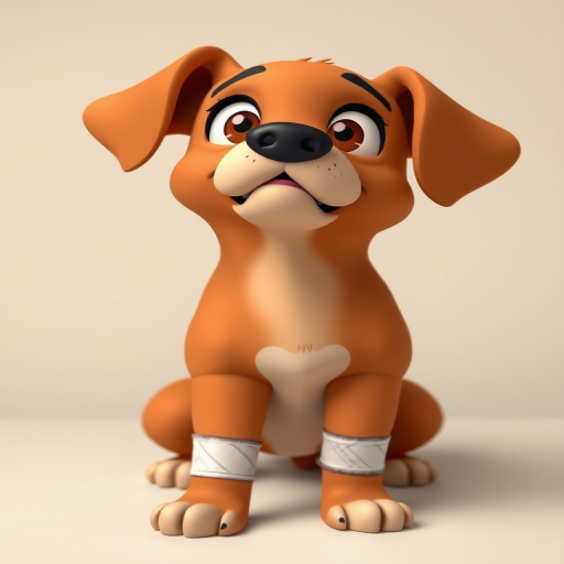A cartoonish brown dog with a bandaged paw, looking up with an expressive face, set against a simple, soft background; shot with a DSLR camera at f/2.8, ISO 100, with a 50mm lens in portrait mode for enhanced detail and a shallow depth of field.