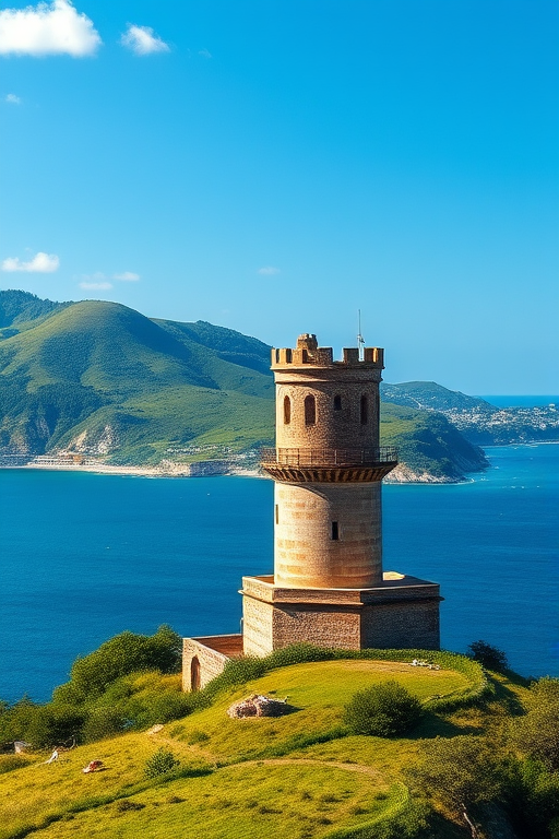 Generate a high-resolution landscape image of a scenic coastline with a historic tower in the foreground, vibrant green hills, and a clear blue sky, taken with a DSLR camera at f/11, ISO 100, 1/200 sec, using a wide-angle lens for a panoramic view and enhanced depth of field.