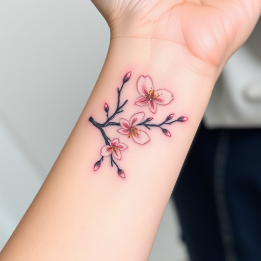 Delicate fine line tattoo of a blooming cherry blossom branch wrapping around the wrist, incorporating soft pink and white hues with subtle gray shading, emphasizing minimalist elegance and botanical precision