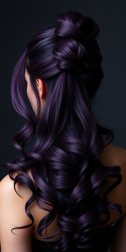 Mysterious deep purple-haired enchantress with a sleek, high ponytail featuring wrapped sections and cascading curls