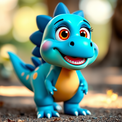 Create a vibrant cartoon dinosaur character with a bright blue color scheme, featuring large expressive eyes, a playful stance, and spiky back details, captured using a DSLR camera with a 50mm lens, f/1.8 aperture, ISO 100, in natural light with a soft focus background.