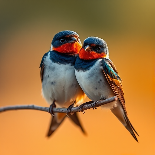 Capture a close-up image of a pair of swallows perched on a branch with vibrant plumage, using a Canon EOS 5D Mark IV camera, 85mm lens, f/2.8 aperture, ISO 200, with a shallow depth of field and soft background blur, in natural light during golden hour for enhanced color saturation.