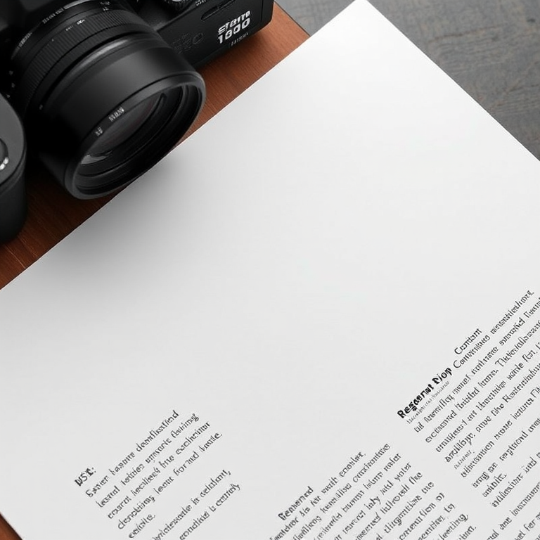 Regenerate an image of a blank document with a clean layout, using a DSLR camera with a 50mm lens, aperture f/2.8, ISO 100, and a slight overhead angle to enhance depth and clarity.