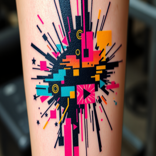 Glitch art tattoo called "Digital Disruption" combining pixelated elements with clean vector graphics and simulated screen tears, using a limited color palette of cyan, magenta, yellow, and black