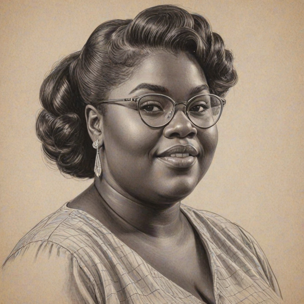 Dazzling Gabourey Sidibe, pencil sketch, portrait of Charming woman 1942s in glasses, hair style beatnik, outline, clear lines, fine lines, 8k