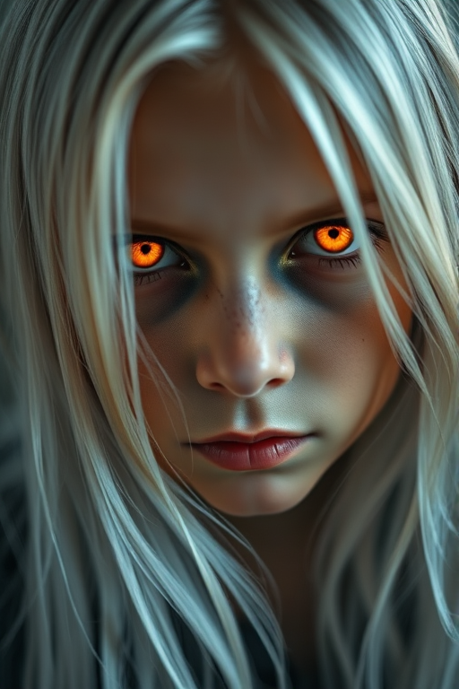 A young girl with long white hair and glowing orange eyes, dark circles around her eyes for a haunting effect, shot with a Canon EOS R5, 50mm lens, aperture f/1.8, ISO 200, natural soft lighting, close-up portrait style to enhance details and texture.