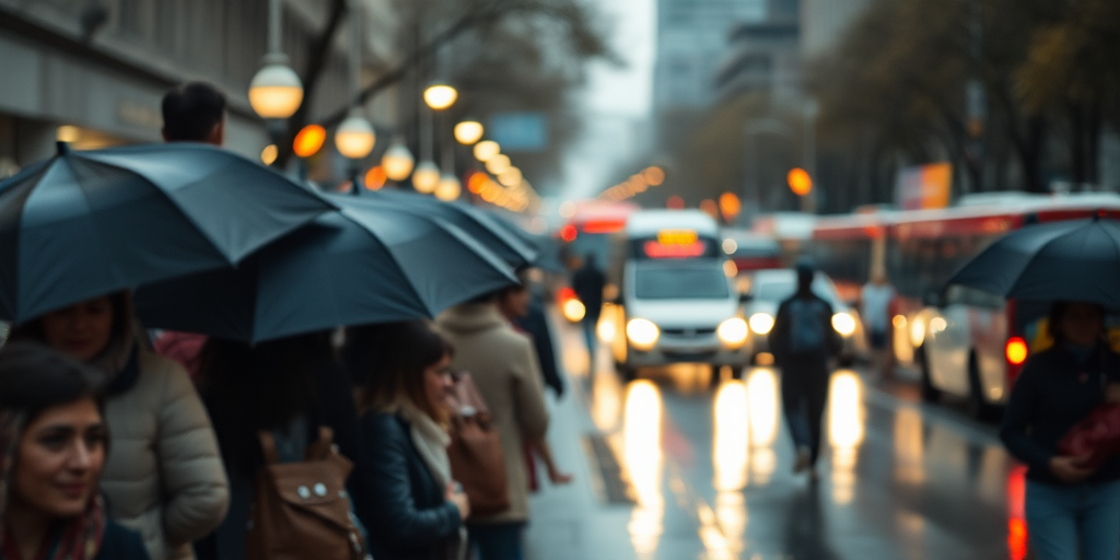 Blurry candid shot of a group of people huddled under umbrellas on a rainy city street, soft light from nearby street lamps reflecting off the wet pavement, with distant cars and buses moving through the scene.